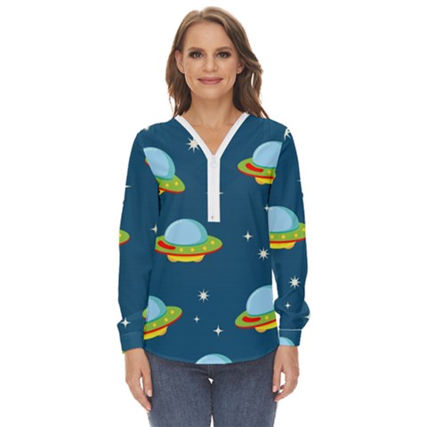 Seamless Pattern Ufo With Star Space Galaxy Background Zip Up Long Sleeve Blouse by Bedest