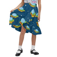 Seamless Pattern Ufo With Star Space Galaxy Background Kids  Ruffle Flared Wrap Midi Skirt by Bedest