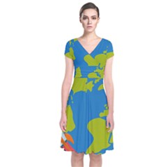 Spaceship Design Short Sleeve Front Wrap Dress