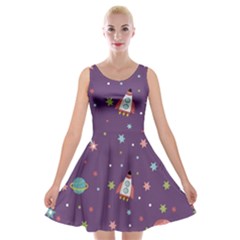 Space Travels Seamless Pattern Vector Cartoon Velvet Skater Dress