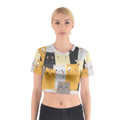 Seamless Pattern Cute Cat Cartoons Cotton Crop Top