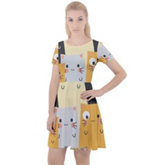 Seamless Pattern Cute Cat Cartoons Cap Sleeve Velour Dress 