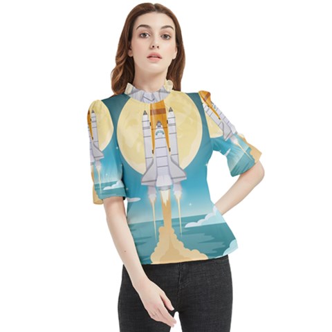 Space Exploration Illustration Frill Neck Blouse by Bedest