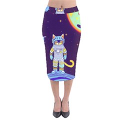 Cat Astronaut Space Retro Universe Velvet Midi Pencil Skirt