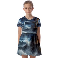 House Waves Storm Kids  Short Sleeve Pinafore Style Dress by Bedest