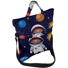Boy Spaceman Space Rocket Ufo Planets Stars Fold Over Handle Tote Bag by Ndabl3x