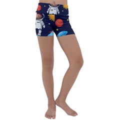 Boy Spaceman Space Rocket Ufo Planets Stars Kids  Lightweight Velour Yoga Shorts by Ndabl3x