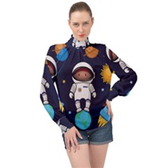 Boy Spaceman Space Rocket Ufo Planets Stars High Neck Long Sleeve Chiffon Top by Ndabl3x