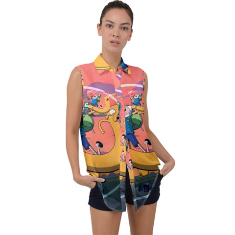 Finn And Jake Adventure Time Bmo Cartoon Sleeveless Chiffon Button Shirt by Bedest