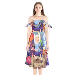 Cartoon Adventure Time Finn Princess Bubblegum Lumpy Space Shoulder Tie Bardot Midi Dress