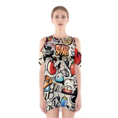 Comical Words Animals Comic Omics Crazy Graffiti Shoulder Cutout One Piece Dress by Bedest