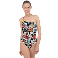 Comical Words Animals Comic Omics Crazy Graffiti Classic One Shoulder Swimsuit