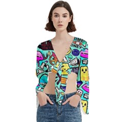 Graffiti Pop Art Crazy Retro Trumpet Sleeve Cropped Top