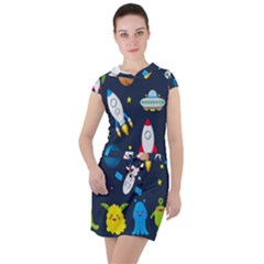 Big Set Cute Astronauts Space Planets Stars Aliens Rockets Ufo Constellations Satellite Moon Rover V Drawstring Hooded Dress by Hannah976