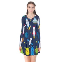 Big Set Cute Astronauts Space Planets Stars Aliens Rockets Ufo Constellations Satellite Moon Rover V Long Sleeve V-neck Flare Dress by Hannah976
