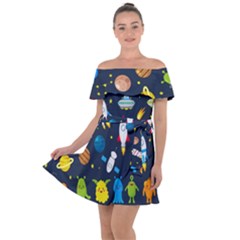 Big Set Cute Astronauts Space Planets Stars Aliens Rockets Ufo Constellations Satellite Moon Rover V Off Shoulder Velour Dress by Hannah976