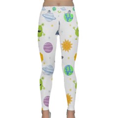 Seamless Pattern Cartoon Space Planets Isolated White Background Classic Yoga Leggings by Hannah976