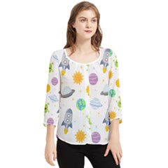 Seamless Pattern Cartoon Space Planets Isolated White Background Chiffon Quarter Sleeve Blouse by Hannah976