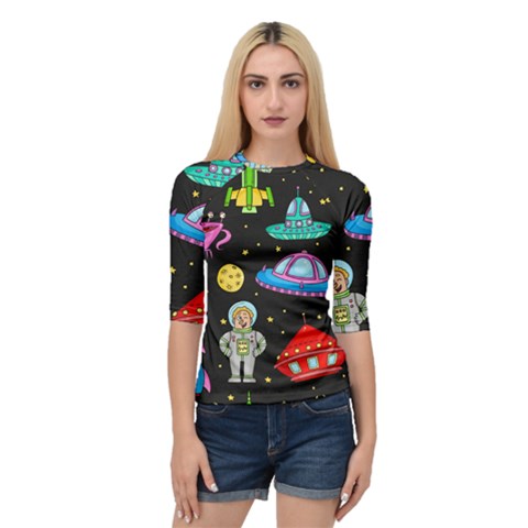 Seamless Pattern With Space Objects Ufo Rockets Aliens Hand Drawn Elements Space Quarter Sleeve Raglan T-shirt by Hannah976