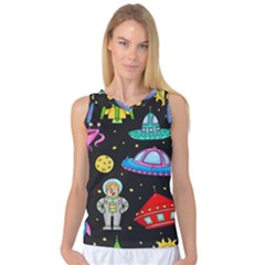 Seamless Pattern With Space Objects Ufo Rockets Aliens Hand Drawn Elements Space Women s Basketball Tank Top by Hannah976
