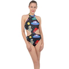 Seamless Pattern With Space Objects Ufo Rockets Aliens Hand Drawn Elements Space Halter Side Cut Swimsuit by Hannah976