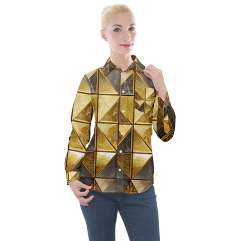 Golden Mosaic Tiles  Women s Long Sleeve Pocket Shirt by essentialimage365