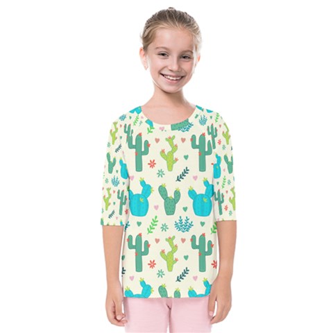 Cactus Succulents Floral Seamless Pattern Kids  Quarter Sleeve Raglan T-shirt by Hannah976