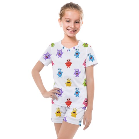 Seamless Pattern Cute Funny Monster Cartoon Isolated White Background Kids  Mesh T-shirt And Shorts Set by Hannah976
