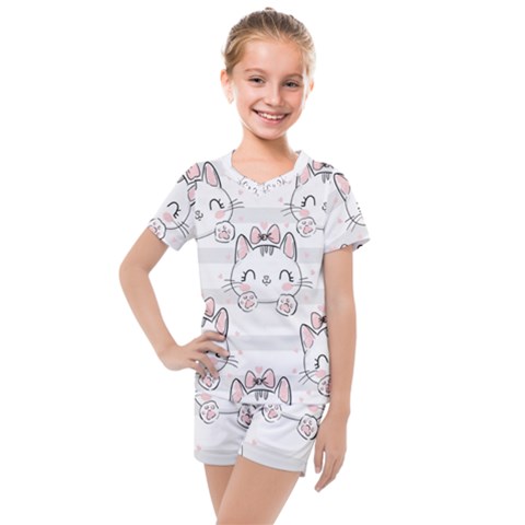 Cat With Bow Pattern Kids  Mesh T-shirt And Shorts Set by Hannah976