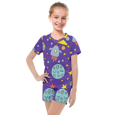 Card With Lovely Planets Kids  Mesh T-shirt And Shorts Set by Hannah976