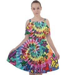 Grateful Dead Bears Tie Dye Vibrant Spiral Cut Out Shoulders Chiffon Dress