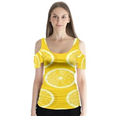 Lemon Fruits Slice Seamless Pattern Butterfly Sleeve Cutout T-shirt 
