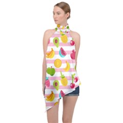 Tropical Fruits Berries Seamless Pattern Halter Asymmetric Satin Top by Ravend