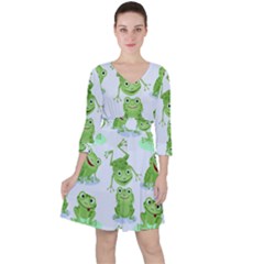 Cute Green Frogs Seamless Pattern Quarter Sleeve Ruffle Waist Dress