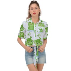 Cute Green Frogs Seamless Pattern Tie Front Shirt 