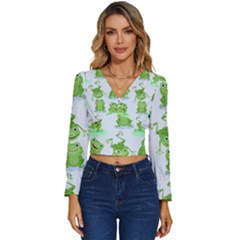 Cute Green Frogs Seamless Pattern Long Sleeve V-neck Top