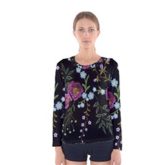 Embroidery Trend Floral Pattern Small Branches Herb Rose Women s Long Sleeve T-shirt