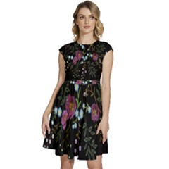 Embroidery Trend Floral Pattern Small Branches Herb Rose Cap Sleeve High Waist Dress by Apen