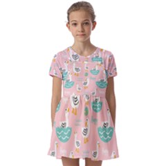 Cute Owl Doodles With Moon Star Seamless Pattern Kids  Short Sleeve Pinafore Style Dress by Apen
