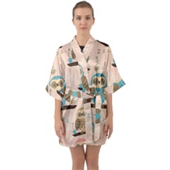 Seamless Pattern Owls Dream Cute Style Pajama Fabric Half Sleeve Satin Kimono  by Apen