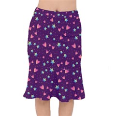 Colorful Stars Hearts Seamless Vector Pattern Short Mermaid Skirt by Apen