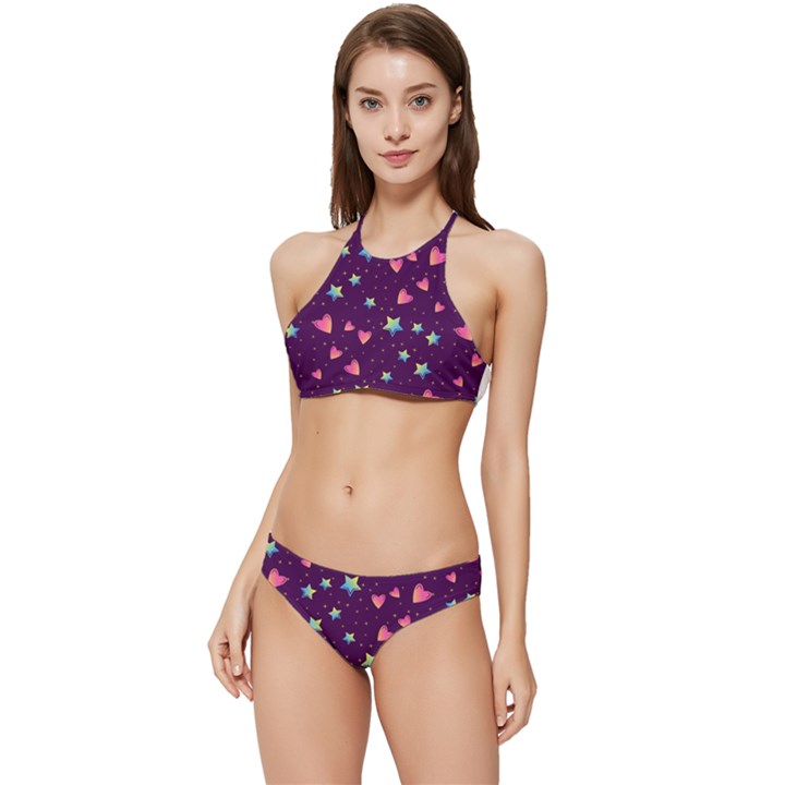 Colorful Stars Hearts Seamless Vector Pattern Banded Triangle Bikini Set