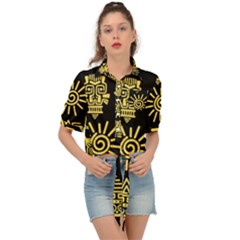 Maya Style Gold Linear Totem Icons Tie Front Shirt  by Apen