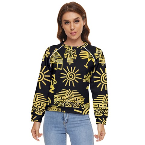 Maya Style Gold Linear Totem Icons Women s Long Sleeve Raglan T-shirt by Apen