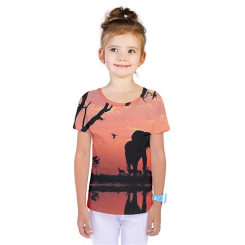 Elephant Landscape Tree Africa Sunset Safari Wild Kids  One Piece T-shirt by Jatiart