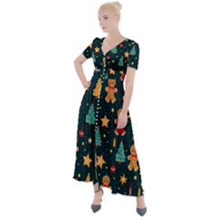 Winter Xmas Christmas Holiday Button Up Short Sleeve Maxi Dress by Ravend