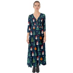 Snow Snowman Tree Christmas Tree Button Up Boho Maxi Dress by Ravend