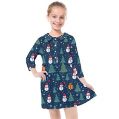 Snow Snowman Tree Christmas Tree Kids  Quarter Sleeve Shirt Dress