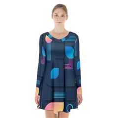 Gradient Geometric Shapes Dark Background Long Sleeve Velvet V-neck Dress by Ravend