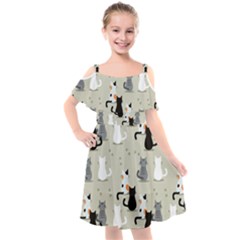 Cute Cat Seamless Pattern Kids  Cut Out Shoulders Chiffon Dress